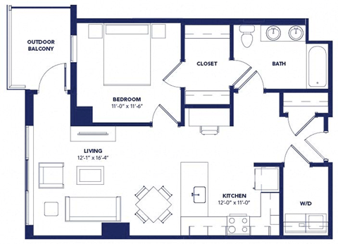Floor plan for 1 bed, 1 bath, 786 sqft